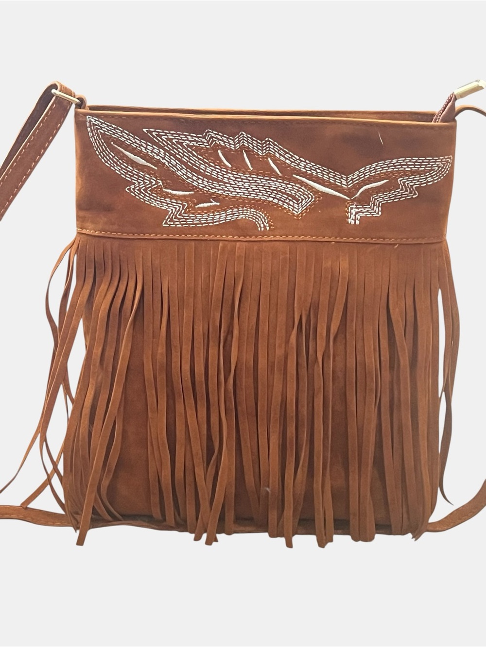 Brown Suede Fringe Crossbody Bag with Embroidered Accent